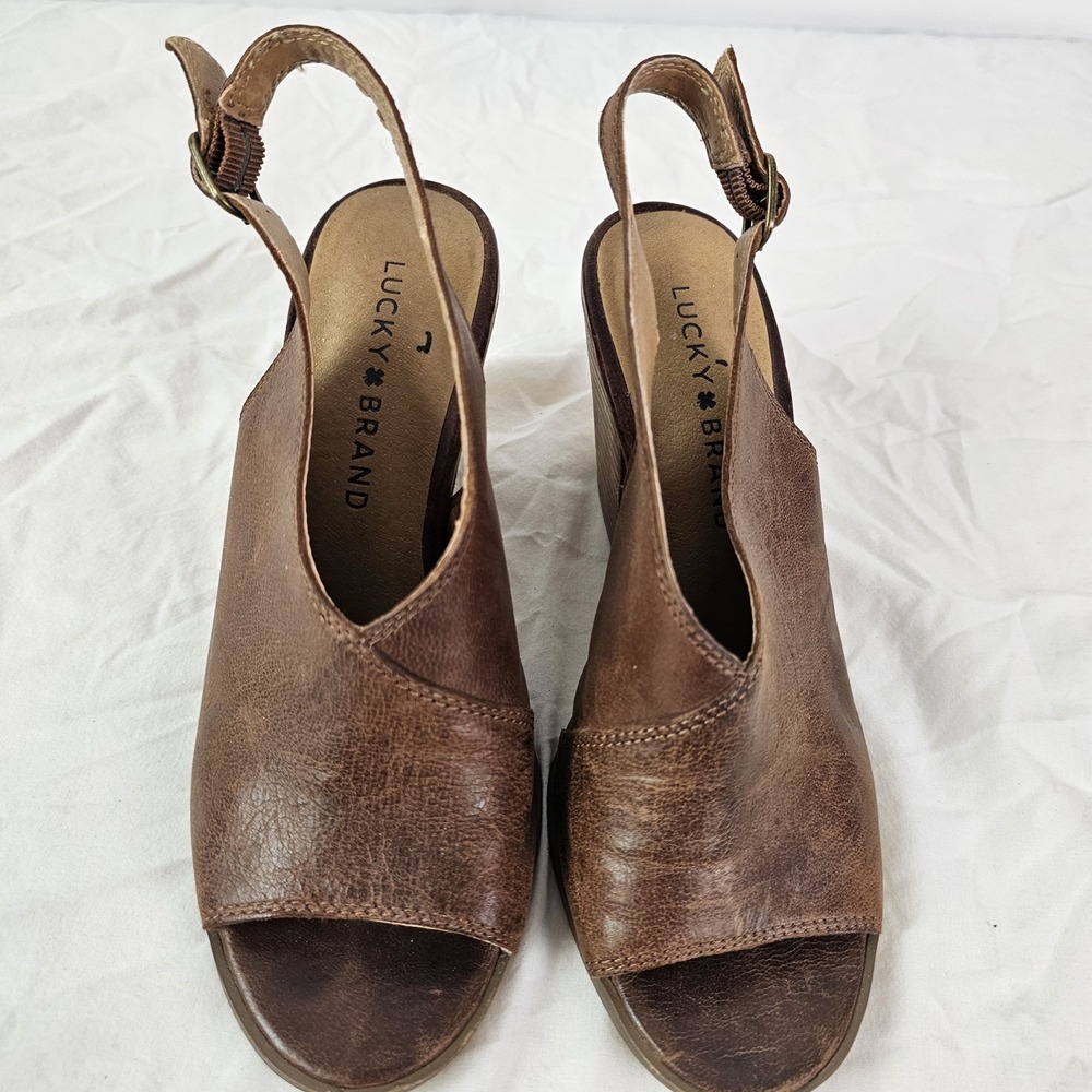 Lucky Brand Ovrandie Peep Toe Slingback Heels Brown Leather Women's 6 Sandals